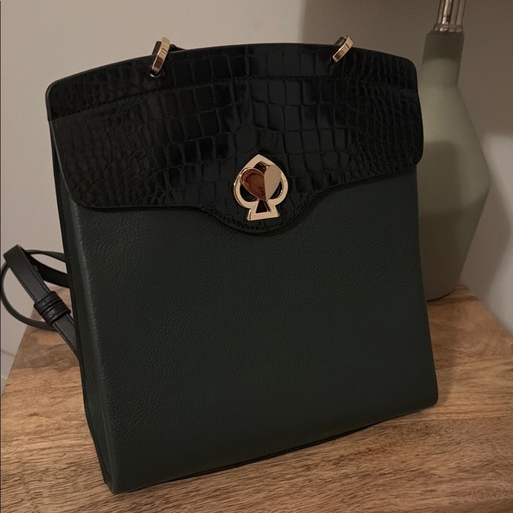 kate spade Forest Green Leather Backpack with Black Croc Flap